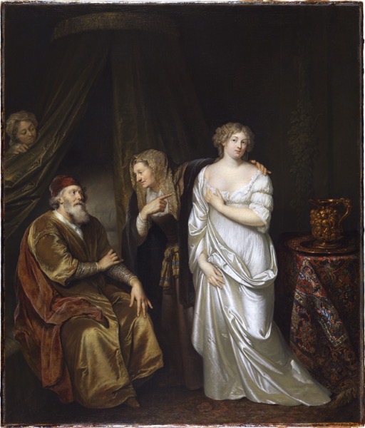 Casper Netscher’s painting of Sarah Leading Hagar to Abraham. Sarah and Abraham are depicted as old people while Hagar is young and voluptuous. A servant peeks from behind the curtains at the left.